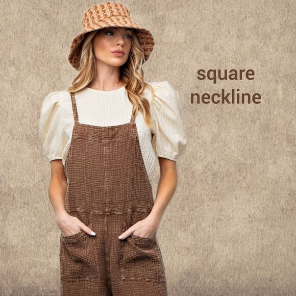 EASEL "Here I Am" Mineral Washed Wide Leg Jumpsuit Adjustable Tie Straps Pockets - Picture 10 of 16